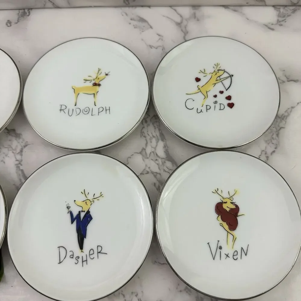 Pottery Barn Santa Reindeer Coasters Mini Appetizer Plates Set 8 Christmas 4in